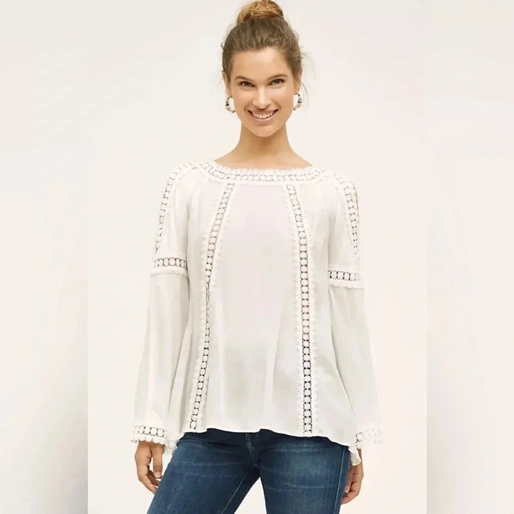Zach & Rachael Crocheted Trim Cut Out Sleeves Ivory Boho Cottage Blouse Lrg EUC